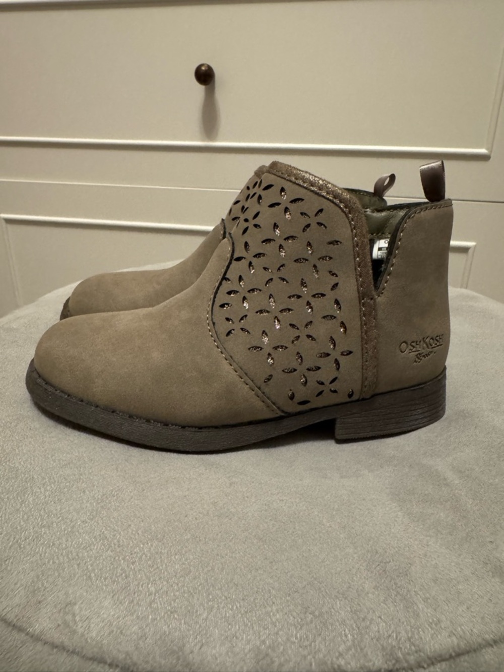 OSHKOSH Toddler Girls' Taupe Suede Ankle Boots with Laser-Cut Detail